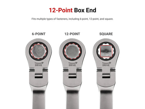 Long Flex Head Ratcheting Box End Wrench Set, 7-Piece 6 to 19 mm image showing 6-point, 12-point, and square ends on wrenches
