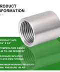 304 Stainless Steel Pipe Fitting Coupling Three Quarter Inch By Three Quarter Inch Npt Female Threaded Cast Connector Corrosion Resistant Operating Temperature From Minus Sixty Five To Two Hundred Fifty Degrees Fahrenheit 150 PSI Max, showing product specifications.