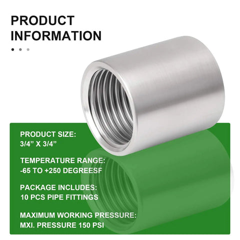 304 Stainless Steel Pipe Fitting Coupling Three Quarter Inch By Three Quarter Inch Npt Female Threaded Cast Connector Corrosion Resistant Operating Temperature From Minus Sixty Five To Two Hundred Fifty Degrees Fahrenheit 150 PSI Max, showing product specifications.