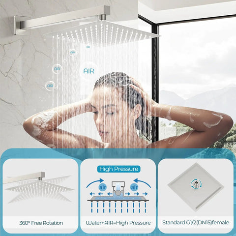 All In One 10 Inch Rainfall Shower Head With Handheld Kit, wall mounted, high pressure, brushed nickel finish, woman showering
