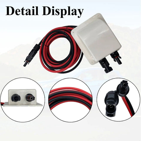 Solar Cable Entry Gland Housing For RVs Campers Boats And Vehicles No Fuss Through Roof Entry Box With 10ft 10AWG Solar Extension Cable White Entry Gland Easy Glue Or Screw Install; ABS housing with red and black 10AWG cable