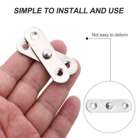 Close-up of 6-Piece Stainless Steel Rotation Door Hinges Set With Free Rotation And No-Hassle Install in hand, highlighting pivot feature