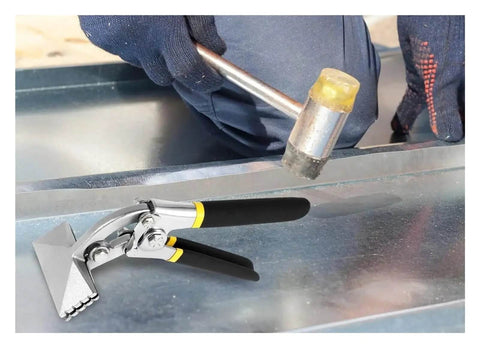 Sheet Metal Bending Pliers Pro Grade Durable with Ergonomic Handle beside metal sheet during construction work