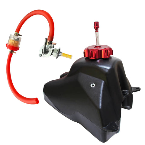 3.5L Dirt Bike Gas Tank With Aluminum Cap, Fuel Filter And Petcock, Fits Honda CRF50 XR50, Kayo, Pitster Pro Black Tank Red Cap