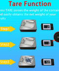 Diagram showing Tare function sequence of 110 Lb Digital Postage Scale With LCD Display And Hold Tare Function, Lightweight Shipping Scale.