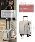 Woman with Four Piece Carry On Luggage Set That Really Fits Airline Size Rules, 21 Inch Softside with Spinner Wheels and TSA Lock