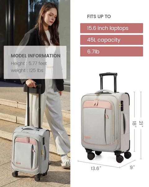 Woman with Four Piece Carry On Luggage Set That Really Fits Airline Size Rules, 21 Inch Softside with Spinner Wheels and TSA Lock