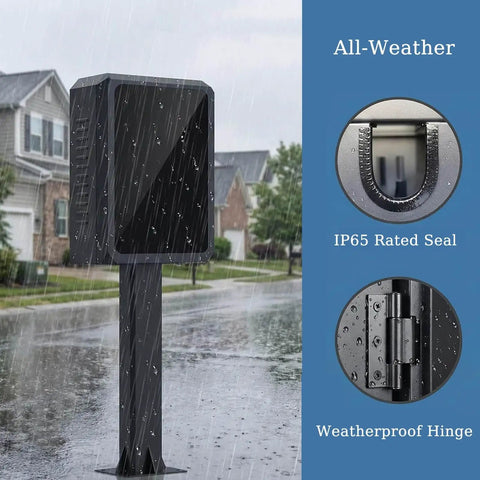 Heavy Duty Exterior Ev Charger Lock Box With Secure Key Guard Waterproof Outdoor Station Cover shown in rain with IP65 rated seal.