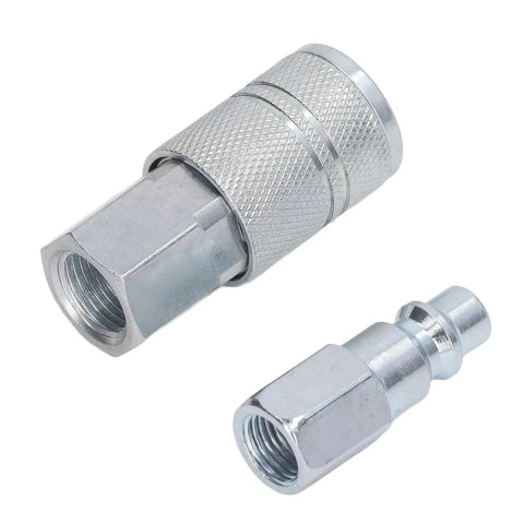 Bad Boy Heavy Duty Air Hose Fittings Rock Solid Three Eighths Inch Npt Air Coupler Plug Kit includes steel coupler and plug.