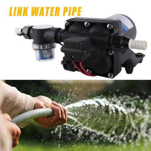 12V DC Diaphragm Water Pump Self Priming 3.0 GPM At 55 PSI for water transfer with linked hose in action