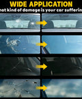 Image showing stages of windshield repair using 4 Piece Windshield Repair Kit With Nano Resin Fluid For Chips Bullseye Cracks And Star Shape Damage Upgraded Vacuum System Delivers Deep Resin Penetration And Bubble Free Glass Repair On The Go.