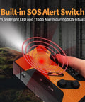 NOAA Emergency Weather Radio With 7400mWh Power Bank showing built-in SOS alert switch with LED and alarm in forest scene
