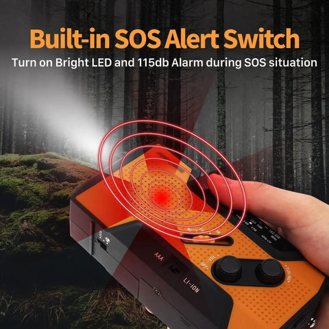 NOAA Emergency Weather Radio With 7400mWh Power Bank showing built-in SOS alert switch with LED and alarm in forest scene