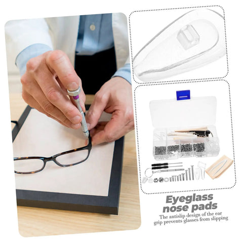 Person using eyeglass repair kit with screws and nose pads for quick glasses fixes, essential tools for everyday eyewear maintenance.