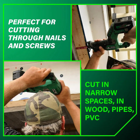 18V MultiVolt Cordless Compact Reciprocating Saw cutting in tight spaces, shown in use on wood and PVC, highlighting tool body.