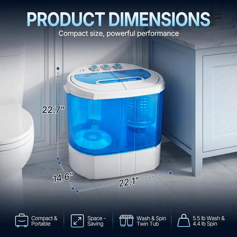 Heavy Duty Mini Compact Washing Machine Twin Tub Top Load Washer Portable Spinning Combo dimensions 22.7x22.1x14.6 inches