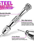 Steel hand drill with 3-jaw chuck, non-slip texture, labeled sturdy. Part of Must Have All In One Hand Drill Kit For Jewelry And Keychain Making.