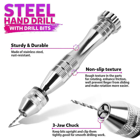Steel hand drill with 3-jaw chuck, non-slip texture, labeled sturdy. Part of Must Have All In One Hand Drill Kit For Jewelry And Keychain Making.