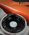 Close-up of large saddle on low profile hydraulic floor jack, 2.5 ton capacity, orange finish, for cars and SUVs, garage use