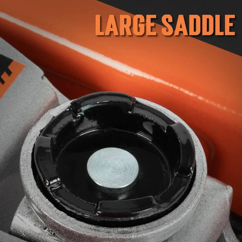 Close-up of large saddle on low profile hydraulic floor jack, 2.5 ton capacity, orange finish, for cars and SUVs, garage use