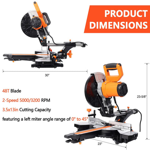 Heavy Duty 10 Inch Sliding Miter Saw With Dual Speed Motor And Razor Sharp Carbide Blade For No Sweat Cuts Quick Angle Adjustments Smooth Operator Build ETL Certified Power Tool dimensions 30 x 23 x 23.625 inches.