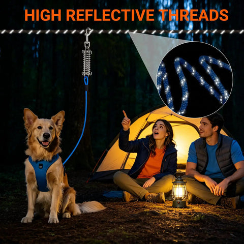 Image of a camping scene featuring a dog attached to a Glow In The Dark Reflective Dog Run Cable 75 Foot Rugged Heavy Duty Zipline