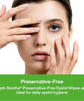 Opti-Soothe preservative-free eyelid wipes, 30 moist towelettes, front view of model using wipe at eye
