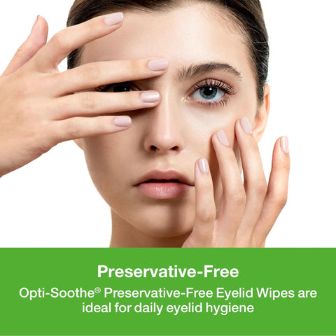 Opti-Soothe preservative-free eyelid wipes, 30 moist towelettes, front view of model using wipe at eye