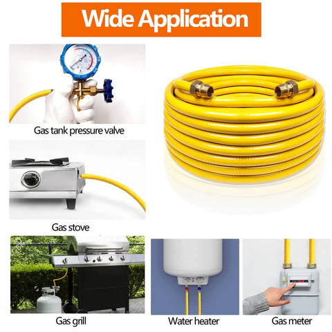 100 Ft Flexible Three Quarters Inch CSST Gas Line Kit with Corrugated Stainless Steel Tubing, yellow, shown coiled with applications.