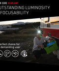 Person using H15R Core Headlamp 2500 Lumen Helmet Light With Advanced Focus System, lighting up campsite from trailer.