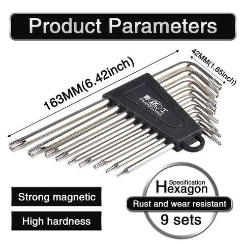 Long Arm Torx Hex Key Set With 9 Sizes T6 T7 T8 T9 T10 T15 T20 T25 T27, L Shaped, measurements included
