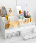 White Acrylic Makeup Organizer With Drawers For Vanity And Bathroom Counter Holds Your Glam Haul Secure Plus Multi Compartment Cosmetic Storage For Skincare And Daily Essentials with various skincare products.