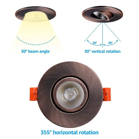 E Star Series 3 Inch Gimbal LED Recessed Light With Junction Box No Brainer Install 7W 50W Equivalent Dimmable, oil rubbed bronze.
