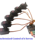 Six-Channel Servo Controller Board With PWM Speed And Angle Adjust controlling 6 servos, ideal for RC models and robotic arms.
