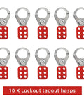 Lockout Tagout Hasp Kit With 10 Hasps And 10 Tags For Electrical Safety, Stainless Steel Lockout LOTO System displayed with red hasps