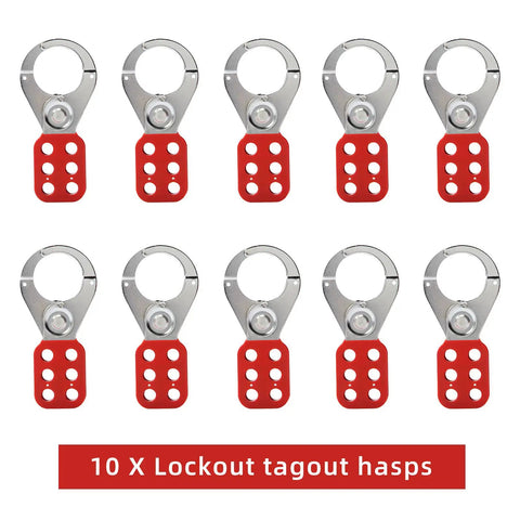 Lockout Tagout Hasp Kit With 10 Hasps And 10 Tags For Electrical Safety, Stainless Steel Lockout LOTO System displayed with red hasps
