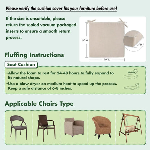 Beige Outdoor Chair Cushions Set Of 2 19x19x3 Inches Waterproof Patio Seat Cushions instruction guide and applicable chair types.
