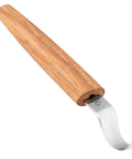 Left Handed Hook Whittling Knife Cut From Heavy Duty Carbon Steel For Easy Bowl And Kuksa Turning showing curved blade and wooden handle.