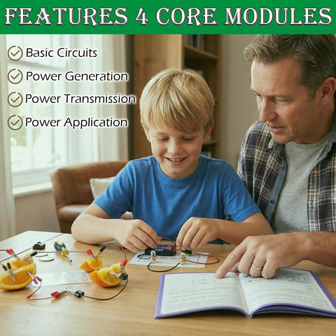Child and adult exploring Cool Hands On Electric Science Kit For Kids With 12 Power Missions STEM Lab on table