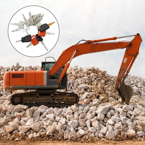 12 Pcs Heavy Equipment Key Set for Construction Pros with excavator on rock pile background