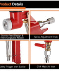 Built Tough Pneumatic Drywall Texture Sprayer Hopper With Bent Tube And No Fuss Top Ups Using 0.8 Gallon Cup And Three Quick Swap Tips For Walls Ceilings Stucco Plaster Waterproof Painting. Gravity-feed design with interchangeable nozzle and spray adjustment knob.
