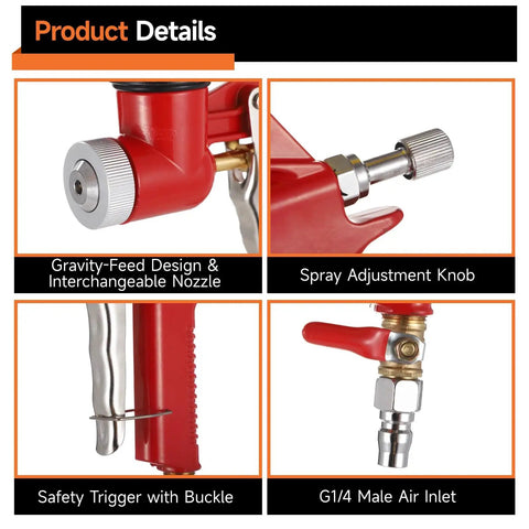 Built Tough Pneumatic Drywall Texture Sprayer Hopper With Bent Tube And No Fuss Top Ups Using 0.8 Gallon Cup And Three Quick Swap Tips For Walls Ceilings Stucco Plaster Waterproof Painting. Gravity-feed design with interchangeable nozzle and spray adjustment knob.