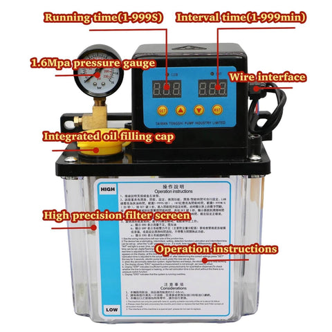 Front view of 2L CNC Lubrication Pump System Dual Voltage AC220V AC110V with digital control panel and pressure gauge for CNC machinery.