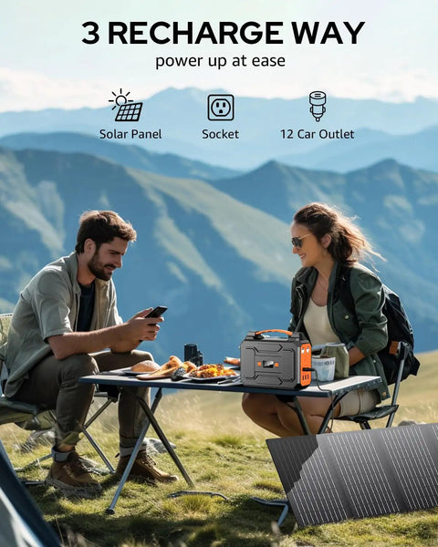 People camping with Solar Powered Portable Generator Kit With 200W Peak Output And 100W Rated, 146Wh Battery, 40W Solar Panel
