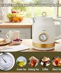 Retro Electric Tea Kettle 1.7L With Temperature Gauge 1500W Fast Boil 304 Stainless Steel BPA Free Auto Shut Off Boil Dry Protection Matte White Gold Kitchen Essential on a countertop with breakfast items.