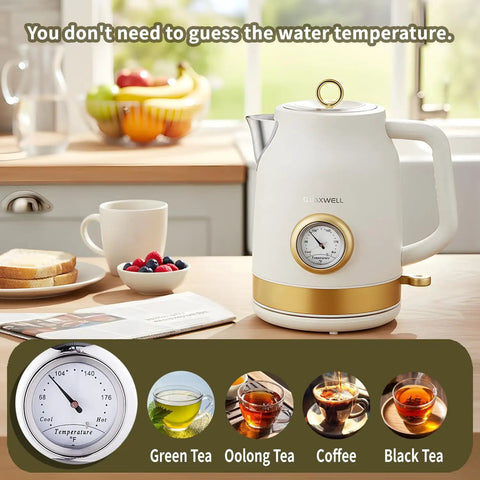 Retro Electric Tea Kettle 1.7L With Temperature Gauge 1500W Fast Boil 304 Stainless Steel BPA Free Auto Shut Off Boil Dry Protection Matte White Gold Kitchen Essential on a countertop with breakfast items.