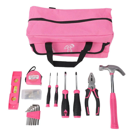 Pink Tool Kit For Women 18 Piece Complete Hand Tool Set With Hammer Wrench Measuring Tape And Screwdrivers For Home Repair DIY Projects Perfect For Quick Fixes And Fun Creative Projects.