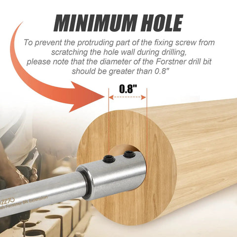 Minimum hole requirement illustration for 2 Piece Forstner Bit Extension Set Locks On Tight To Standard Drill Bits.