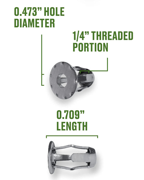 Nail Your Next Install With These 15 Piece Short Jack Nuts Kit Featuring Zinc Plated Steel Blind Threaded Inserts dimensions showing 0.473" hole diameter.