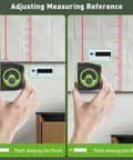 2 In 1 Laser Tape Measure With 197Ft Laser Range And 16Ft Tape Backlit LCD Movable Hook Pythagorean Area Volume Unit Switch Digital Distance Meter demonstrating laser measurement against wall tiles